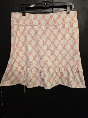 Fairway & Greene White Skirt with Coral Bamboo Lattice and Ruffle Hem Size L